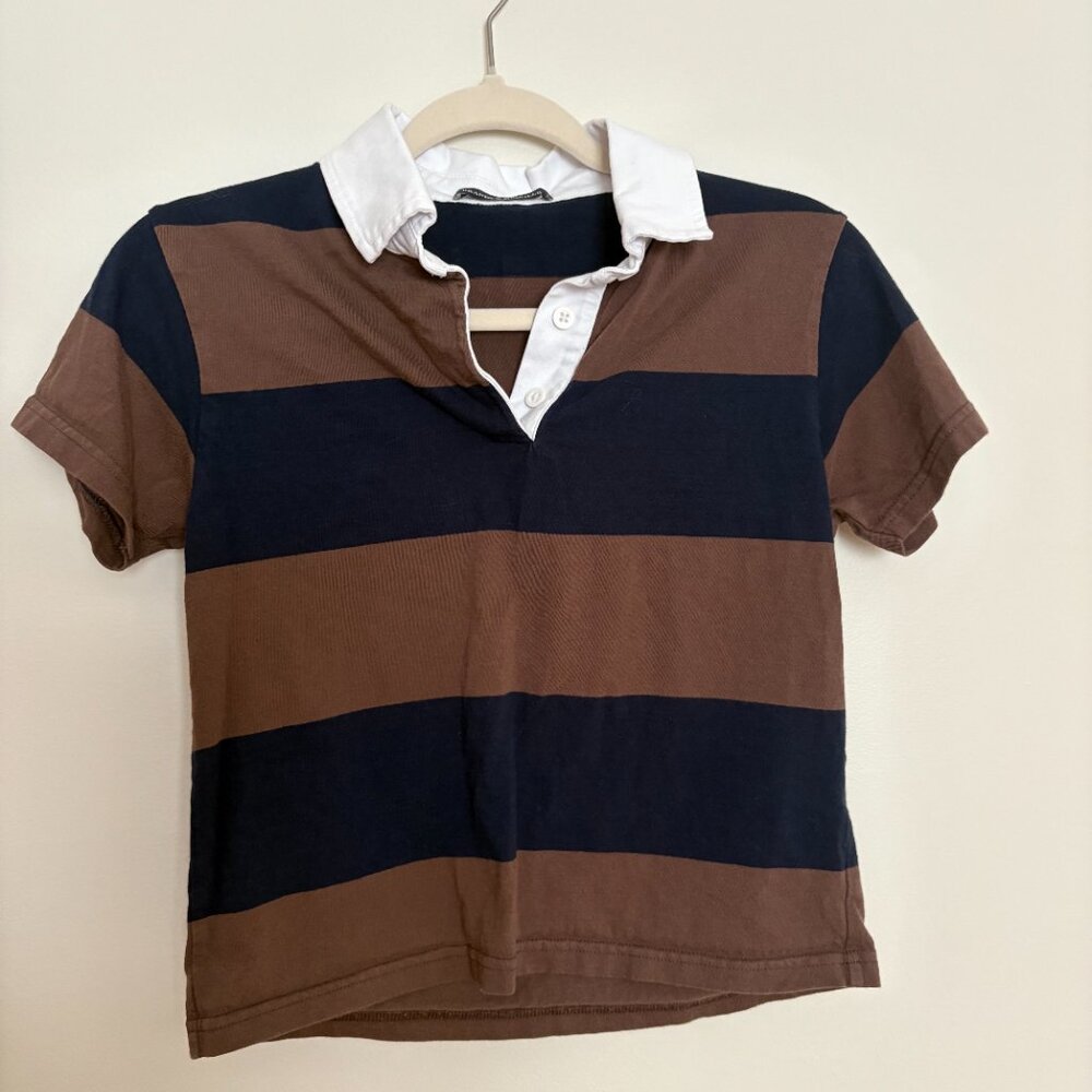 Brandy Melville Striped Collared T-Shirt | Brown & Navy with White Collar | One